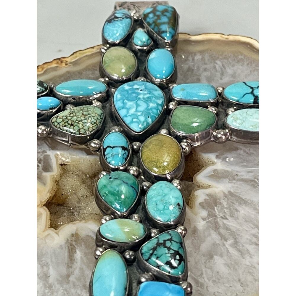VTG Zuni Turquoise Cluster Sterling Silver Cross Pendant by B Bowekaty 73.4g - Picture 9 of 14